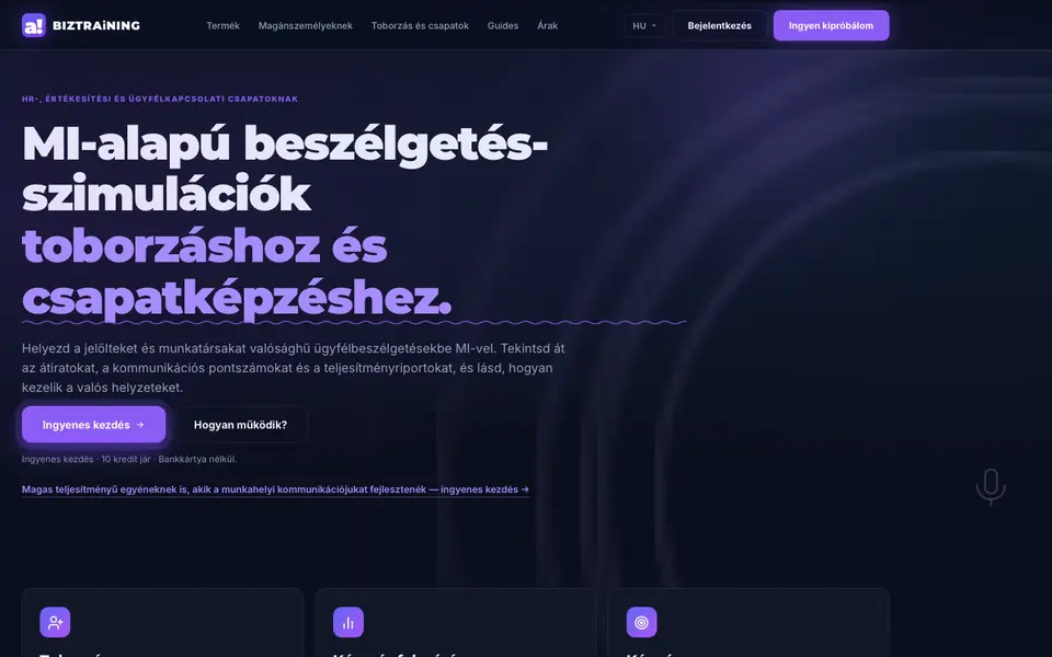 A BIZTRAiNING kezdőképernyője