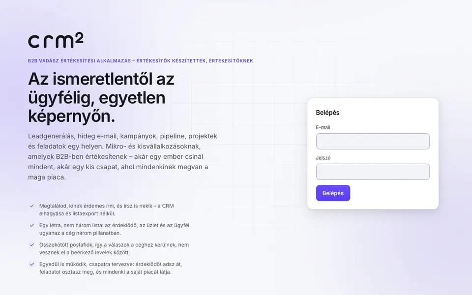A crmxcrm.com kezdőképernyője